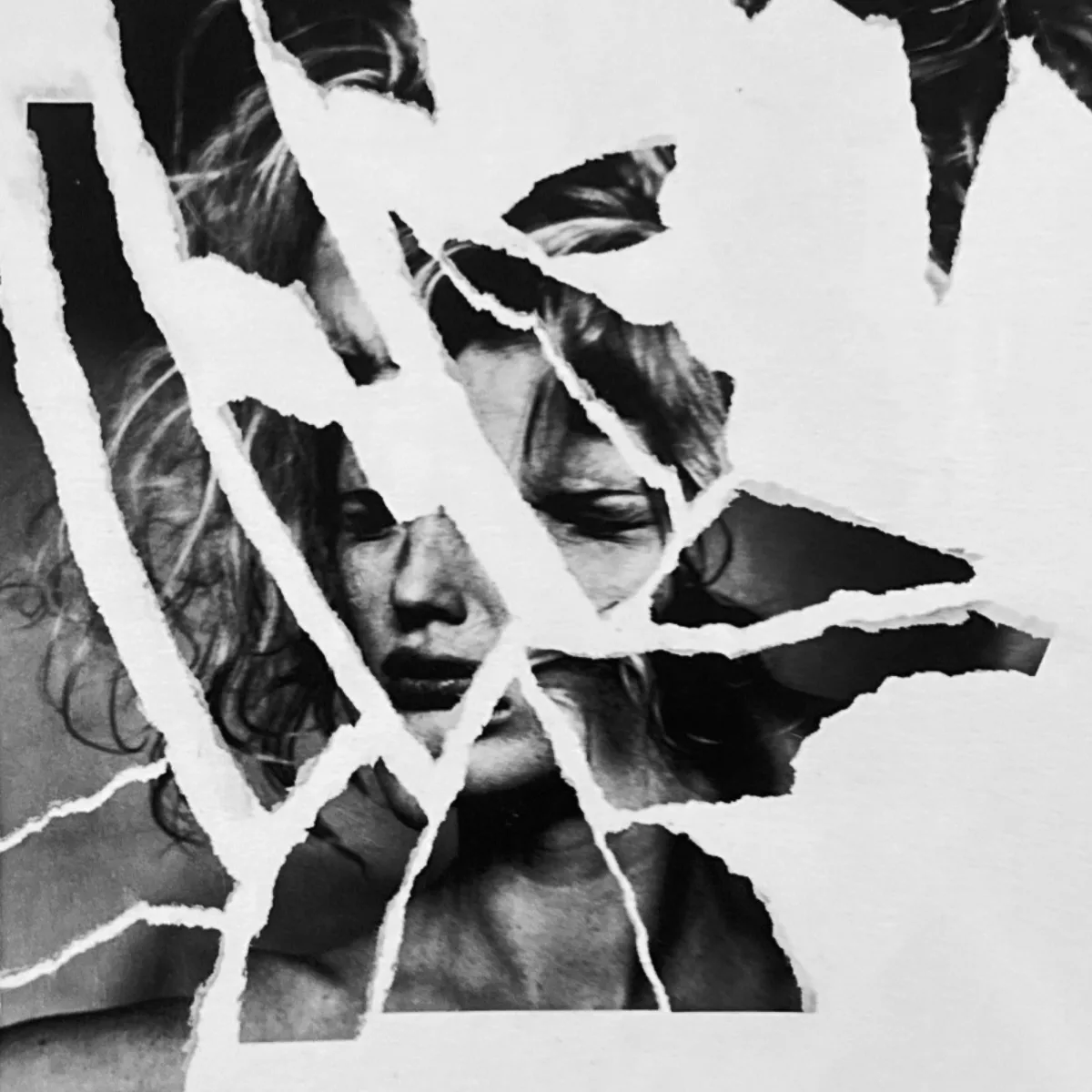 Collage of torn photographs of faces